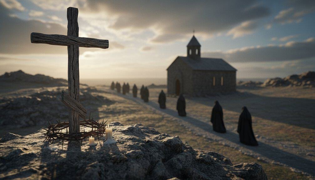 Good Friday Meaning and History My Bible Song 2026 Wooden cross on a rocky hilltop with a church and a line of cloaked figures in the background during sunset, symbolizing faith, sacrifice, and spiritual journey.
