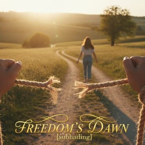 Woman walking away on a rural path with hands tied in ropes, symbolizing liberation and spiritual freedom at sunrise.