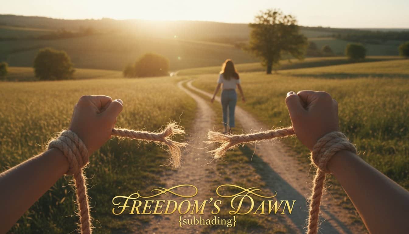 Woman walking away on a rural path with hands tied in ropes, symbolizing liberation and spiritual freedom at sunrise.