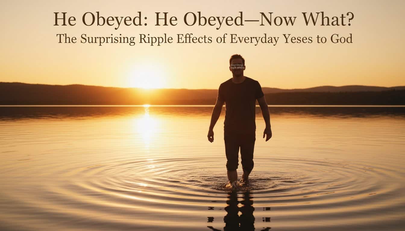 Man walking in water at sunset with inspiring message about obedience and faith in God.