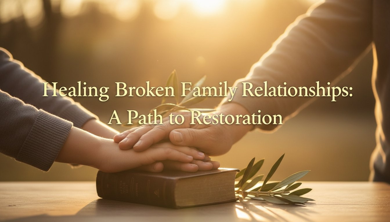 Two people holding hands over a Bible with sunlight in the background, symbolizing healing and restoration of family relationships.