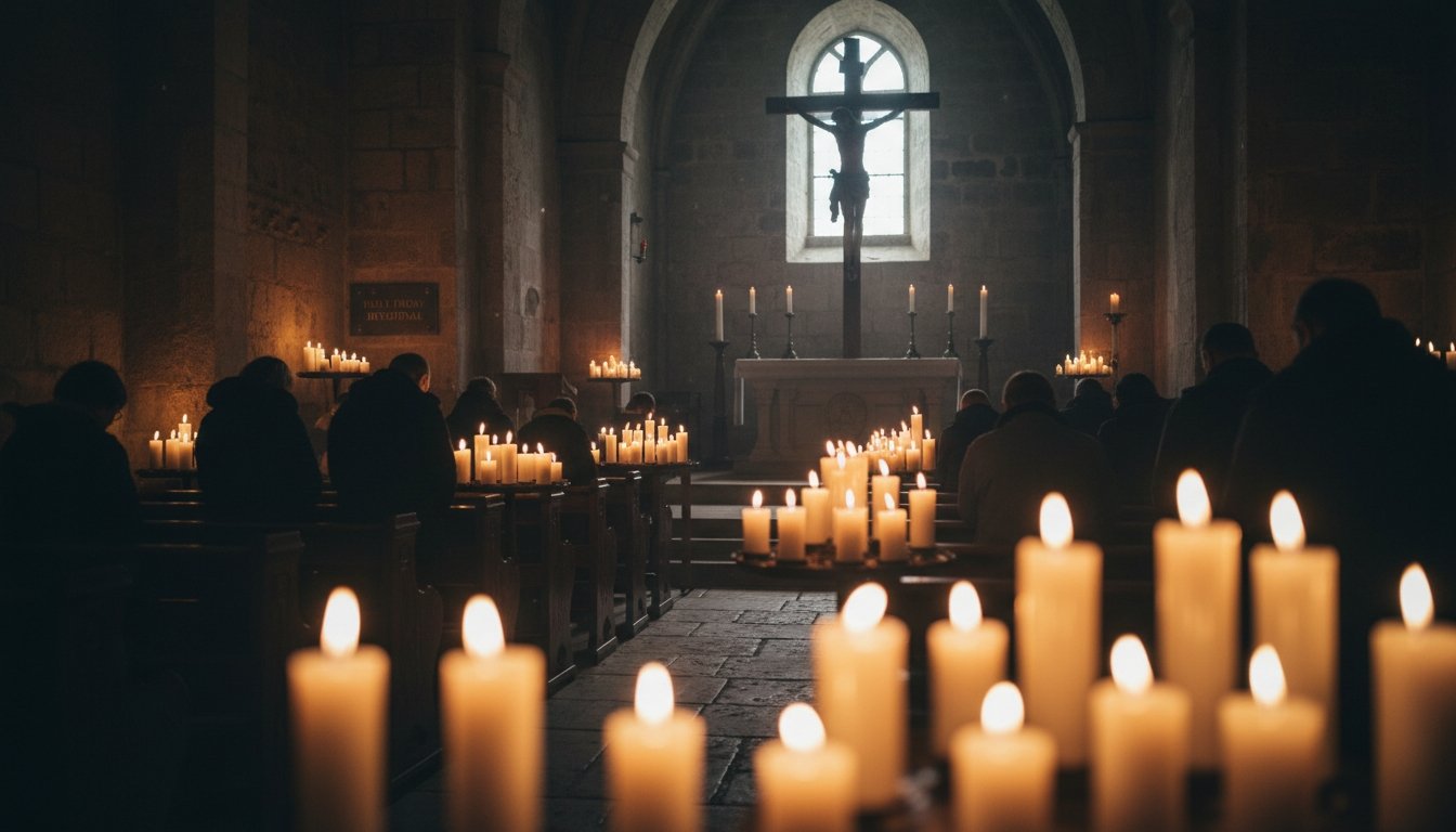 Worshippers praying with candles in a church during a prayer service, illuminated by candlelight and natural light from a window, creating a serene spiritual atmosphere.