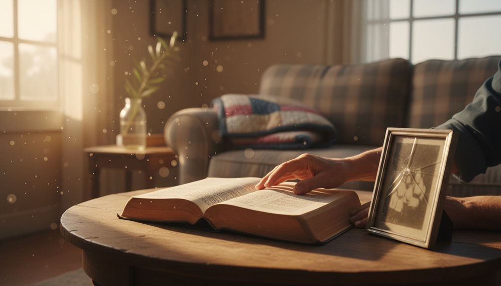 Person reading the Bible on a cozy living room table with a framed photo and sunlight streaming through the window.