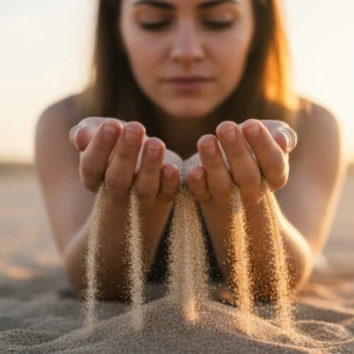 Humility: The Counterintuitive Power of Humility: How Letting Go Builds Unshakable Confidence My Bible Song 2026 Woman praying with sand falling through her hands on the beach, symbolizing faith and hope in God's guidance.