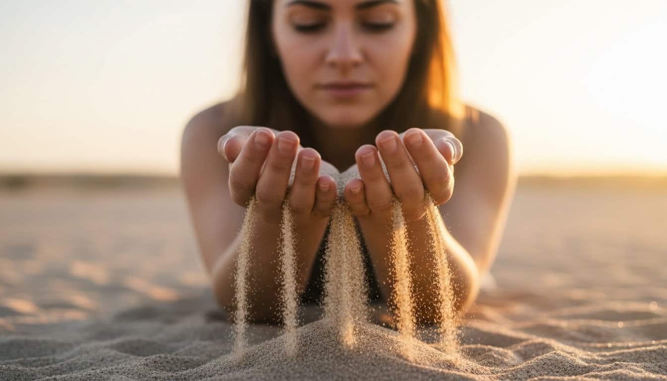 Woman praying with sand falling through her hands on the beach, symbolizing faith and hope in God's guidance.