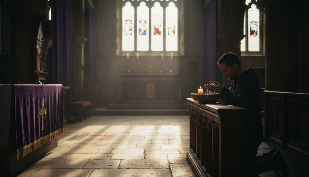 A person kneeling in prayer inside a church with stained glass windows, candles, and wooden pews, creating a peaceful and spiritual atmosphere.
