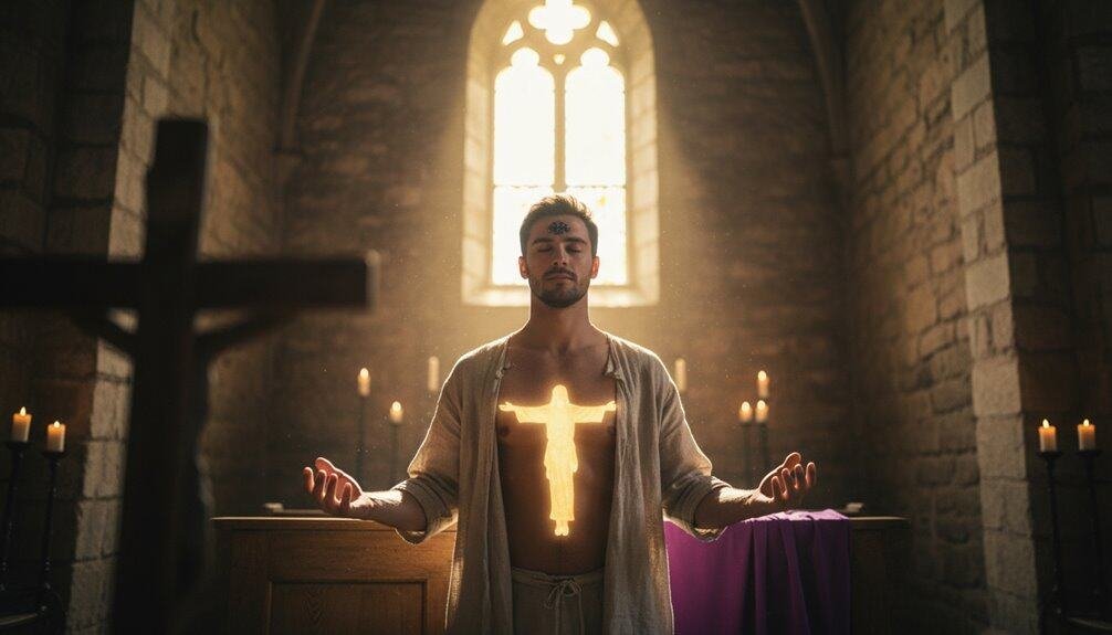 Man standing in church with illuminated cross on his chest, symbolizing faith and spirituality, surrounded by candles and stone architecture.