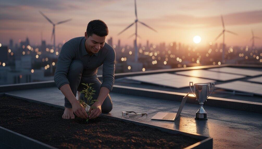Man planting a young tree on a rooftop at sunset, symbolizing environmental care and sustainability. Solar panels and wind turbines in the background highlight renewable energy efforts.