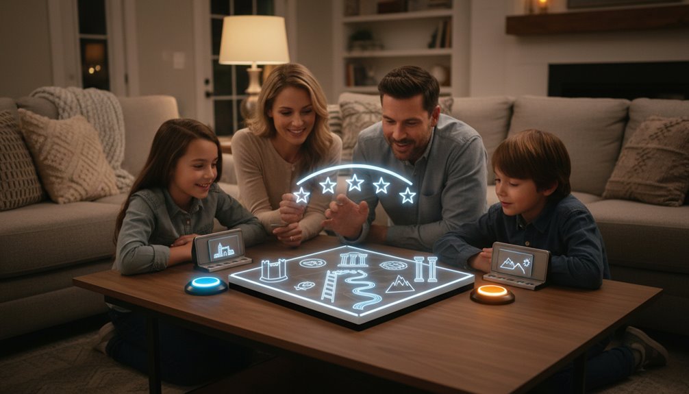 Family enjoying interactive Bible-themed digital game on a smart table in a cozy living room, engaging children and parents in faith-based educational activities.