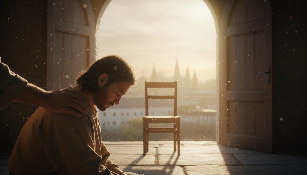 Jesus praying at sunrise with an open door and city skyline, symbolizing faith and devotion.