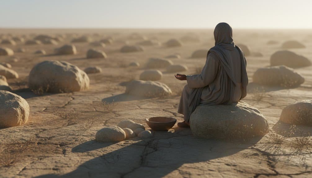 Woman sitting on a rock in a desert, praying or meditating, with a bowl nearby, surrounded by scattered stones and a vast, open landscape at sunset.