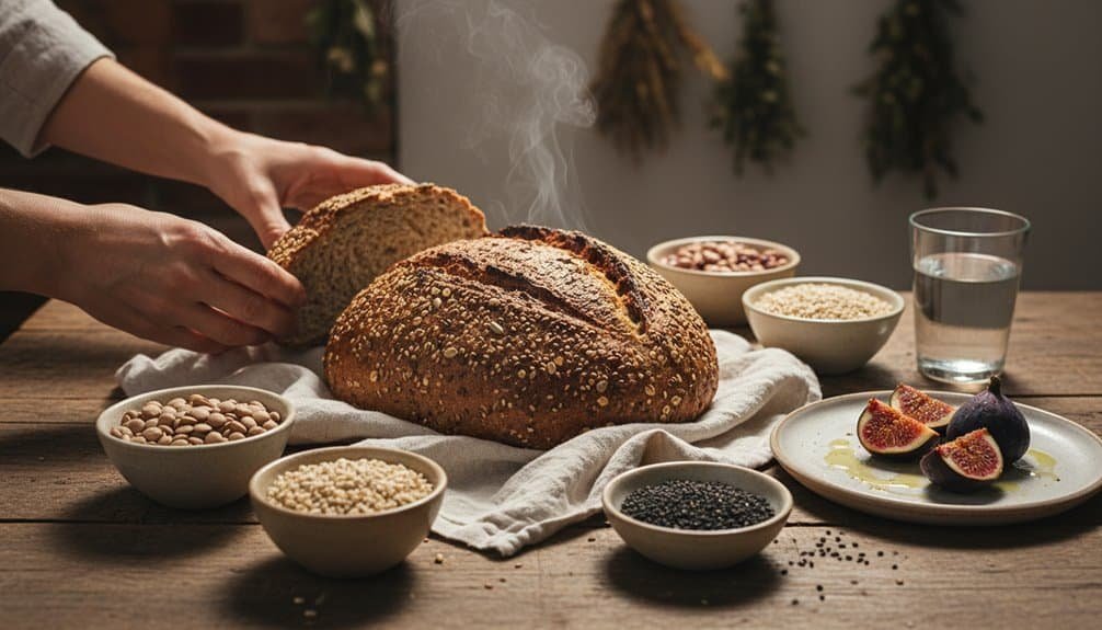 A person slices a hearty loaf of multigrain bread on a rustic wooden table, surrounded by bowls of seeds, figs, and a glass of water, creating a cozy scene of faith-based community and spiritual nourishment.
