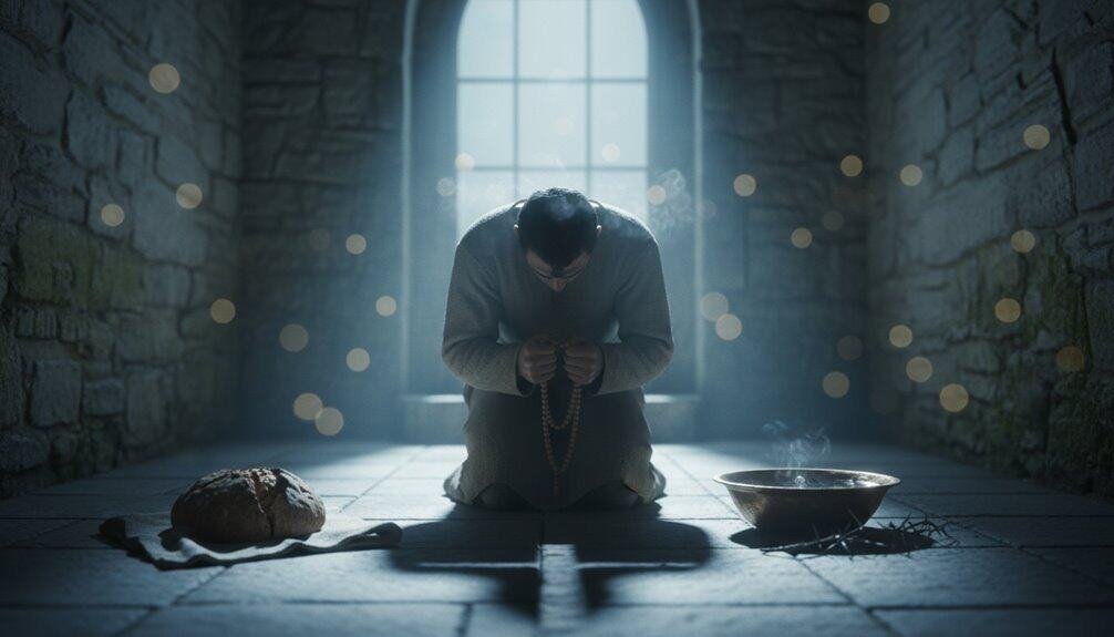 A person kneeling in prayer with a rosary, surrounded by spiritual symbols, inside a church with light streaming through a large window, emphasizing faith and devotion.