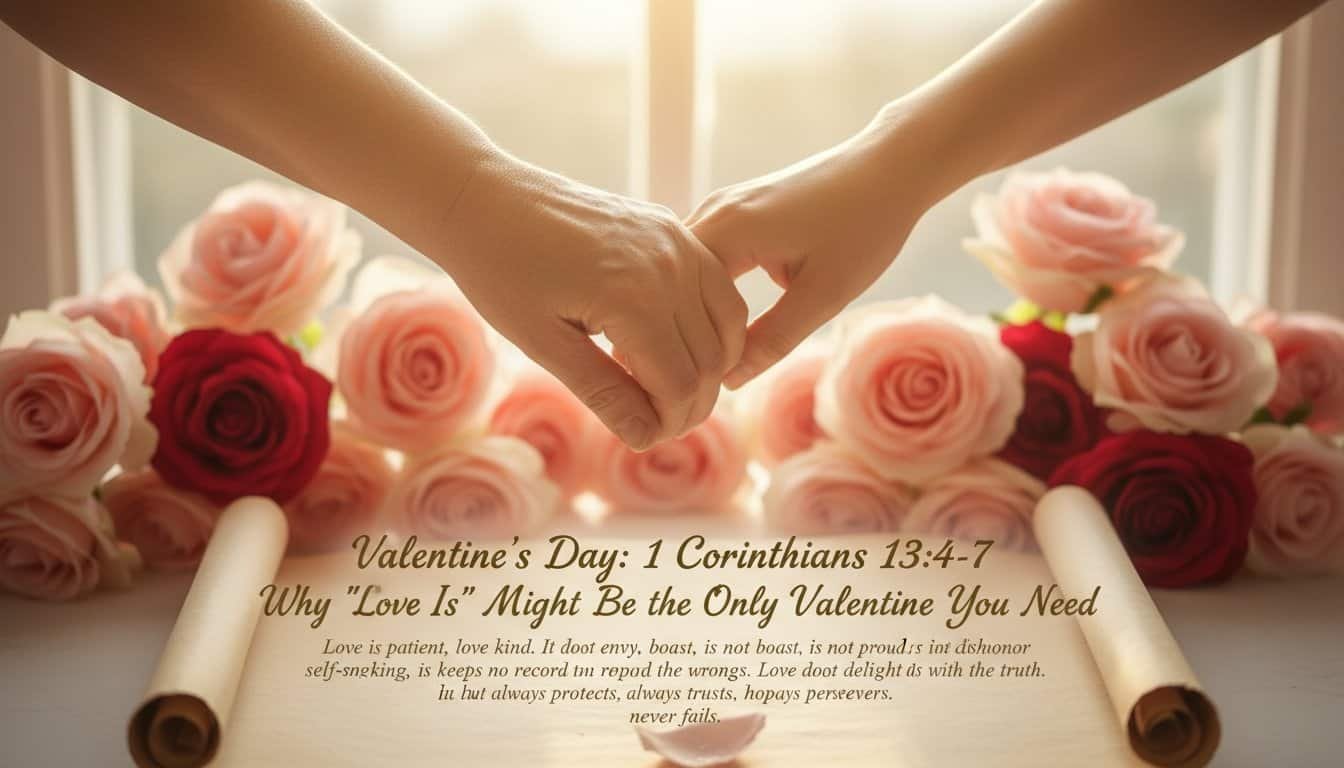 Hands holding a Bible with roses for Valentine's Day, emphasizing love and faith from 1 Corinthians 13:4-7. Perfect for Christian Valentine's Day messages.