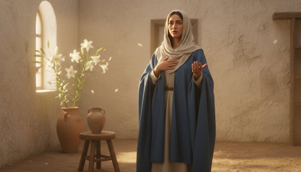 Woman in traditional attire praying in a rustic, ancient room with sunlight streaming through small windows, emphasizing faith and devotion.