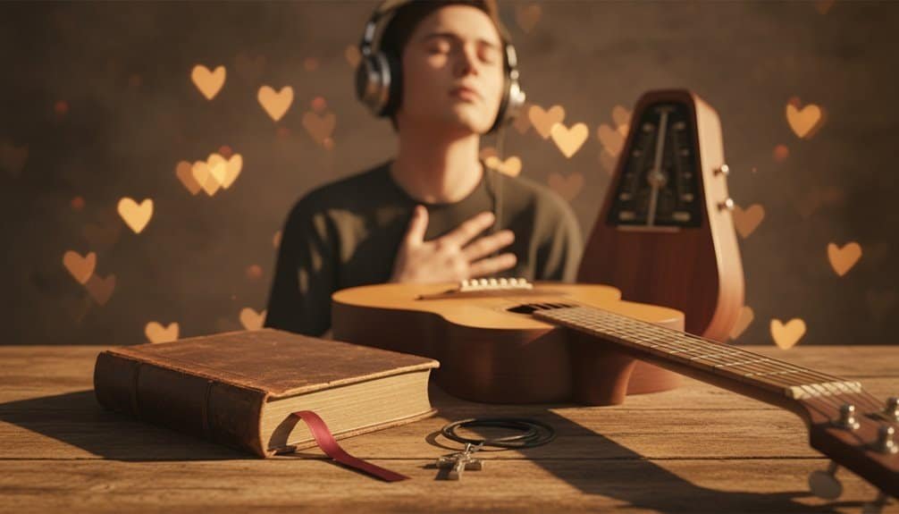 Young man worshiping with guitar, closed eyes, and hand on chest, surrounded by floating hearts, symbolizing faith and devotion.