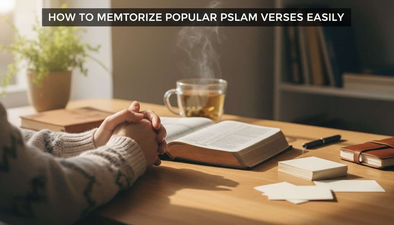 Person praying with open Bible on table, emphasizing Psalm memorization, study, and faith practice. Ideal for Christian study, prayer, and spiritual growth.
