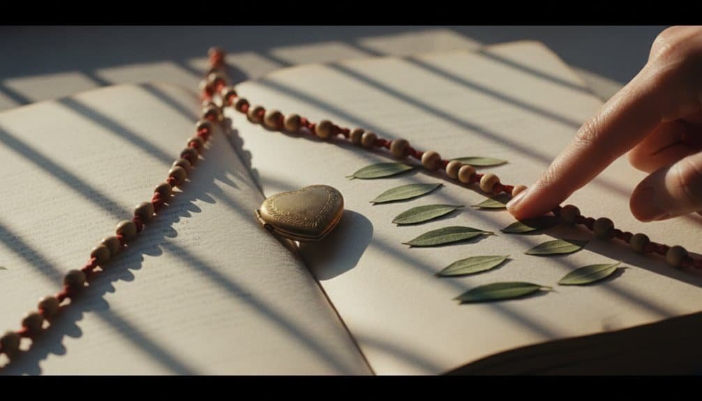 Close-up of prayer beads with a heart pendant and olive branches on an open Bible, symbolizing faith, prayer, and peace. Perfect for spiritual reflection and Christian devotion.