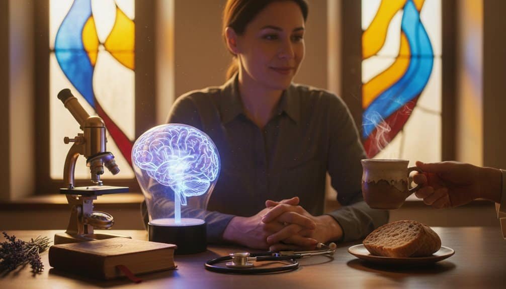The Unexpected Way to Satisfy the Afflicted and Find Joy Again My Bible Song 2026 Woman studying Bible with a brain model and a cup of coffee in a church setting, stained glass windows in the background.