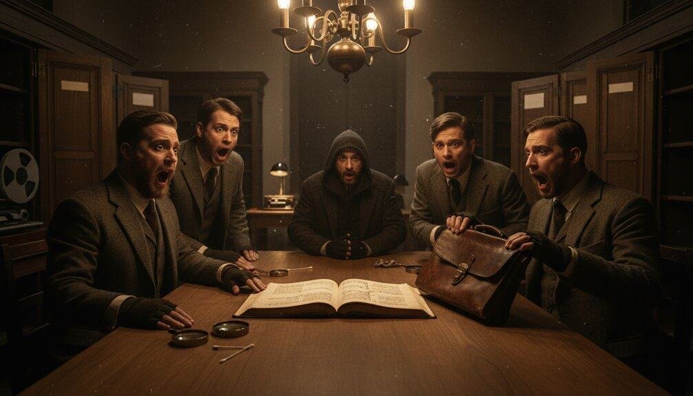 Group of five men in suits having a secretive meeting around a table in a dimly lit room, with an open Bible at the center, creating a mysterious and intense atmosphere.