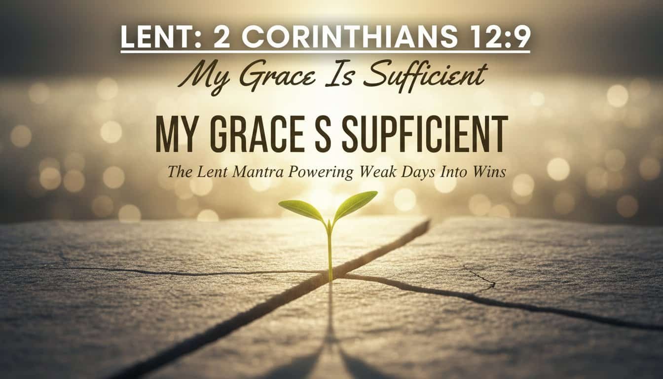 Inspirational image featuring a small sprout growing through a crack in the ground, symbolizing God's grace and strength during difficult times, with biblical reference 2 Corinthians 12:9.