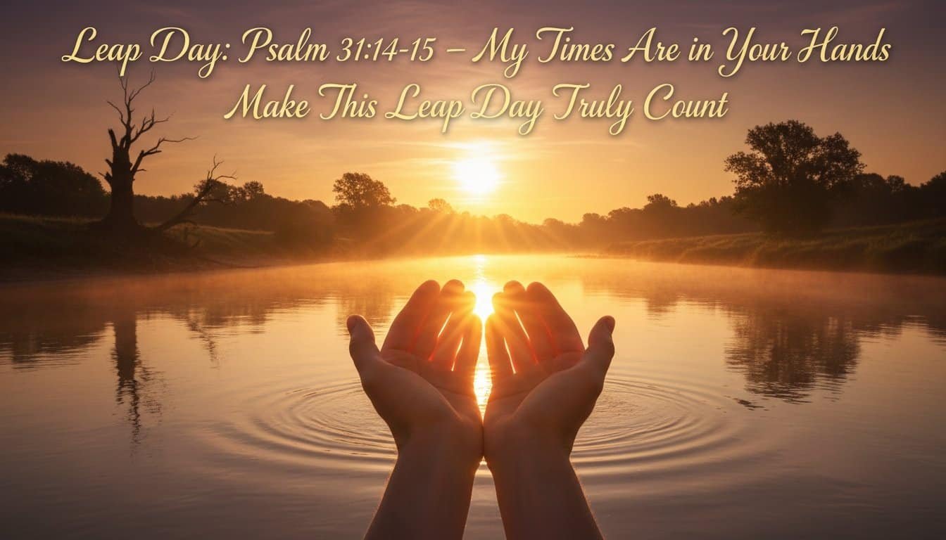 Hands cupping the sunrise over a calm lake at dawn, symbolizing trust in God's timing and guidance, inspired by Psalm 31:14-15.