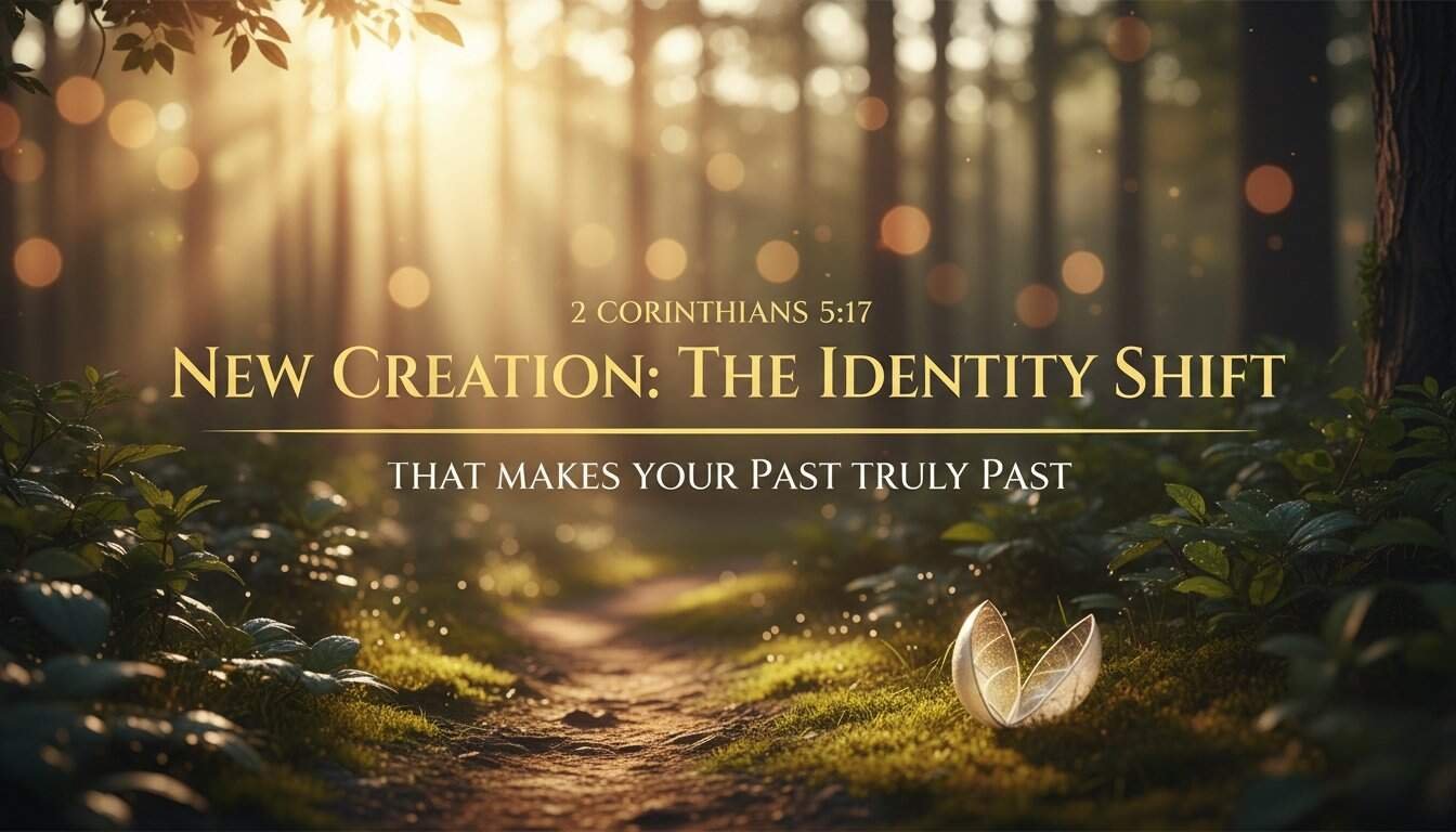 Inspirational forest scene with sunlight filtering through trees, featuring a butterfly on the ground, symbolizing transformation and renewal in Christ.