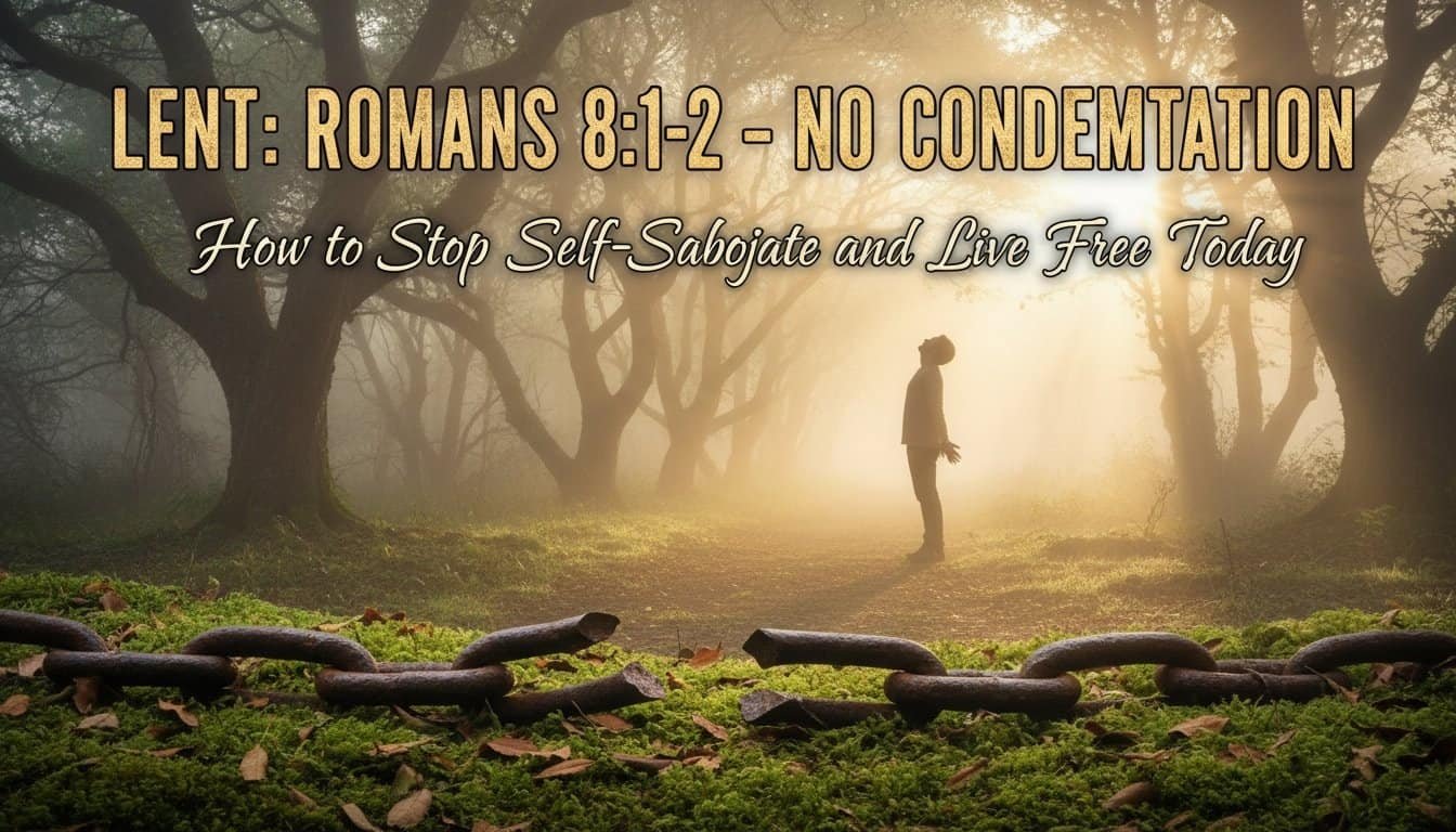 Inspirational image depicting a person in a peaceful forest scene with sunlight, emphasizing Romans 8:1-2 about living free from condemnation during Lent.