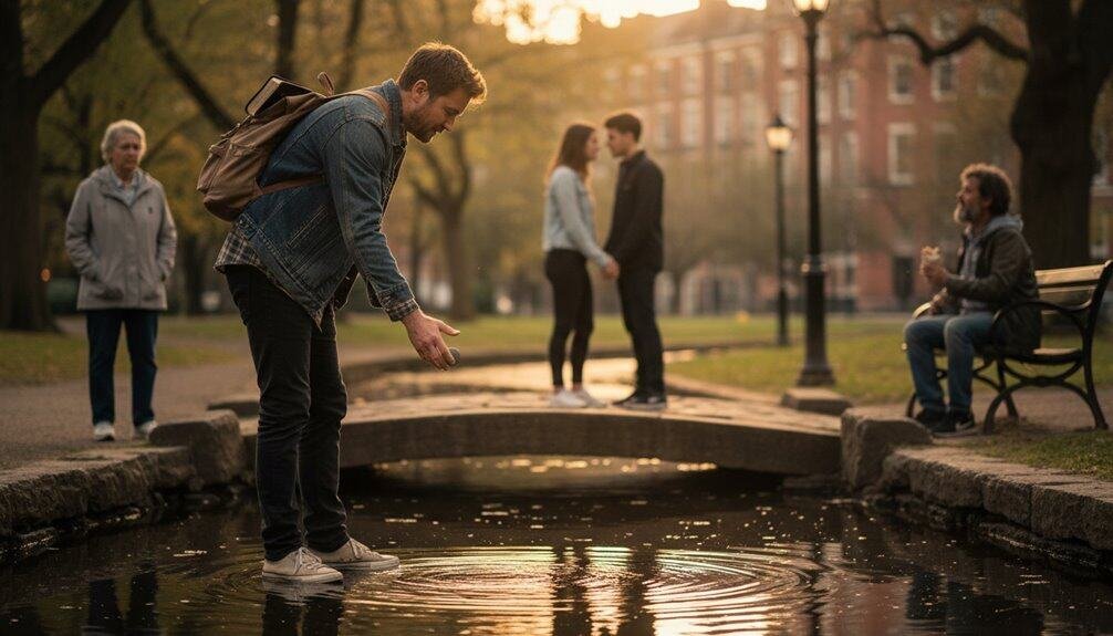 Young man with backpack kneeling and praying at a park fountain during sunset, surrounded by diverse people enjoying a peaceful outdoor setting.