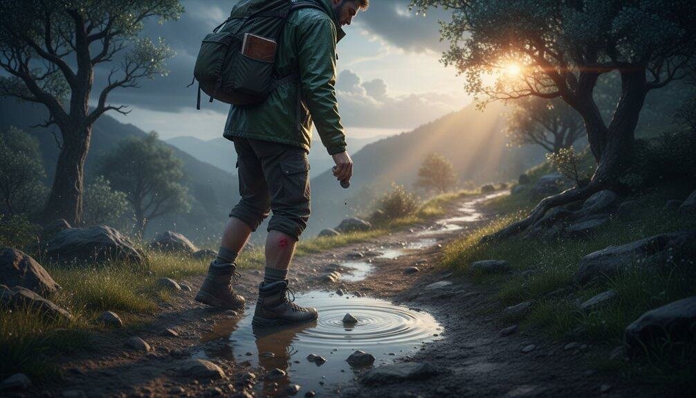 Hiker walking along a trail at sunrise, symbolizing spiritual journey and faith exploration.