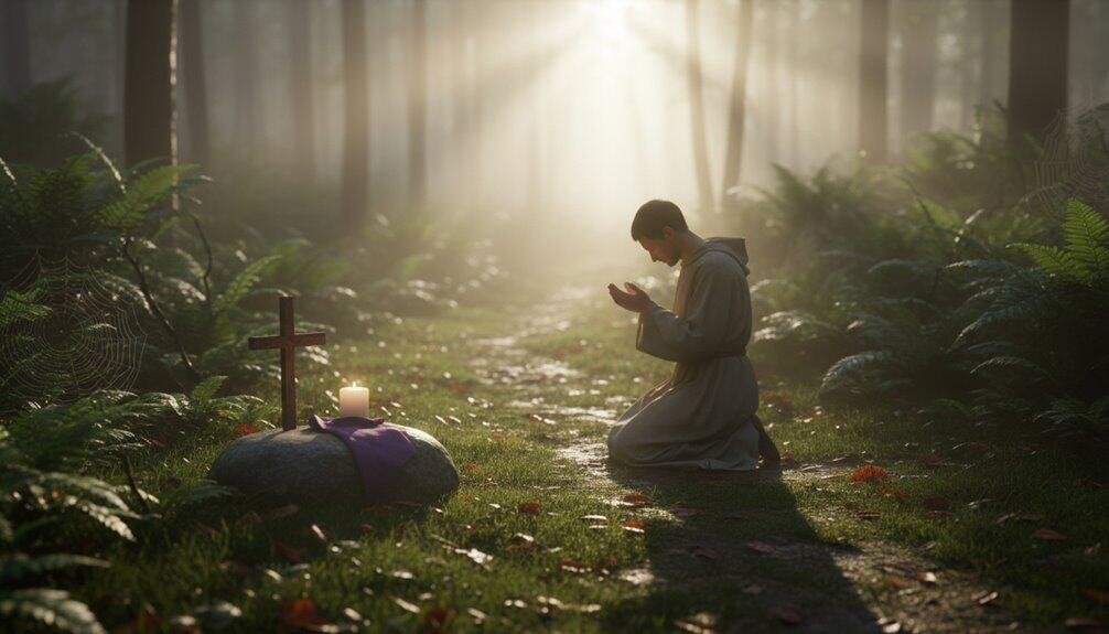 Person kneeling in prayer with a Bible and candle in a lush forest, sunlight streaming through trees, creating a serene spiritual atmosphere for faith and devotion.