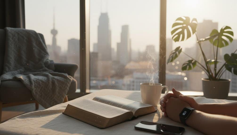 Person holding a cup of coffee while reading the Bible at a desk with a city skyline view through large windows.