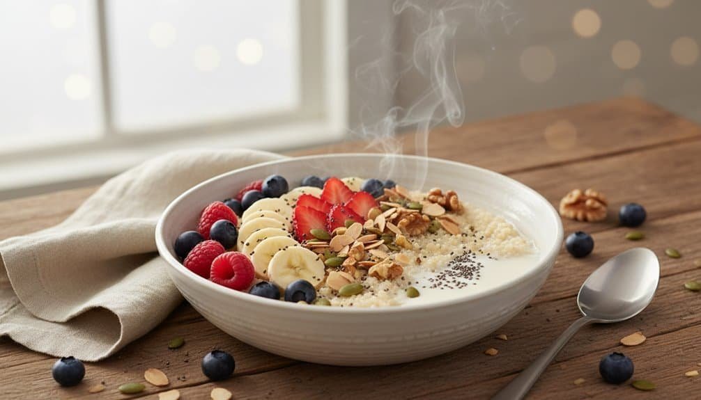 Healthy breakfast bowl with fresh berries, banana slices, nuts, and seeds on a wooden table. Light steam rises, creating a fresh and inviting atmosphere. Perfect for a nutritious start to your day.