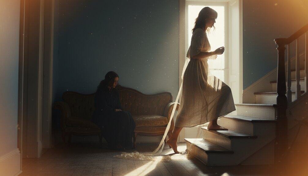 Young woman reading the Bible by the staircase with sunlight streaming in, symbolizing faith, hope, and spiritual growth. Perfect for Christian inspirational content.