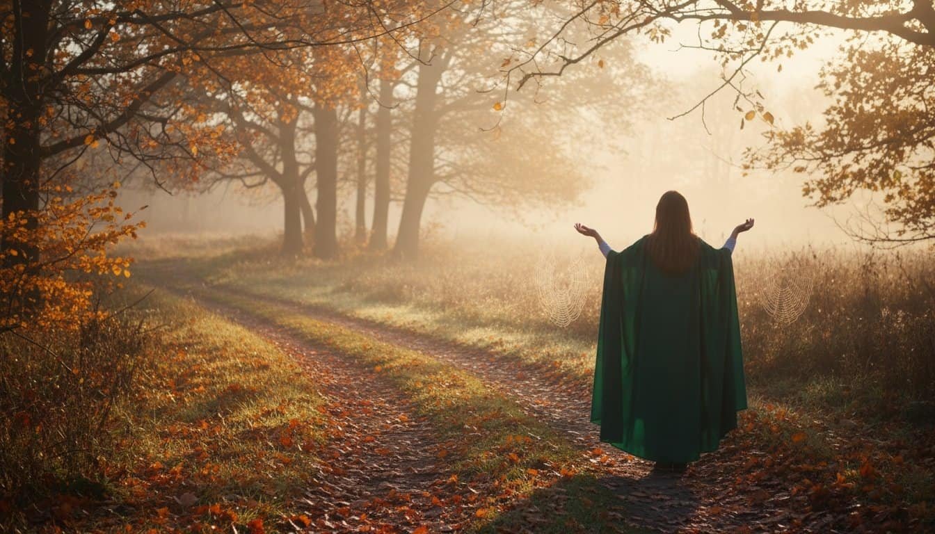 Woman in green cloak walking on a forest path during autumn, surrounded by colorful fall foliage and misty atmosphere, symbolizing serenity and spiritual reflection.