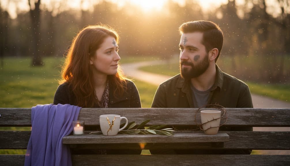 A man and woman having a meaningful conversation outdoors at sunset, sitting on a park bench with coffee cups, symbolizing faith and connection.