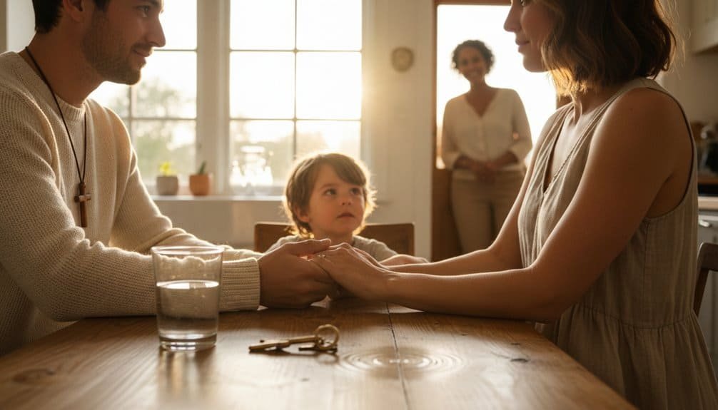 Family prayer scene with parents and young child holding hands at the table.