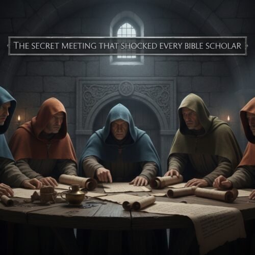 Illustration of biblical scholars in a secret meeting, studying ancient scrolls in a dimly lit stone chamber, emphasizing biblical knowledge and discovery.