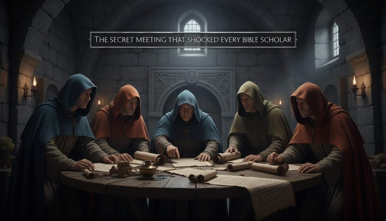 Illustration of biblical scholars in a secret meeting, studying ancient scrolls in a dimly lit stone chamber, emphasizing biblical knowledge and discovery.