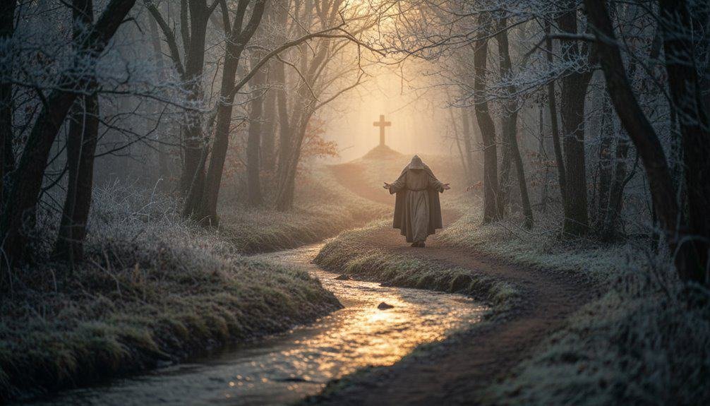 Jesus praying in a serene, frost-covered forest scene with a cross in the distance at sunrise, symbolizing faith, prayer, and spiritual reflection.
