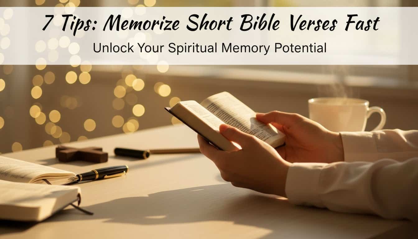 Woman holding a Bible and smartphone for quick Bible verse memorization tips, with a warm background and coffee cup, promoting spiritual memory enhancement.