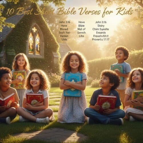 Group of children sitting outdoors with Bibles, smiling and learning together in a peaceful garden setting.