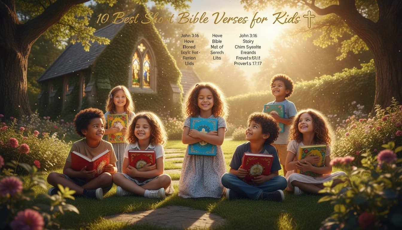 Group of children sitting outdoors with Bibles, smiling and learning together in a peaceful garden setting.