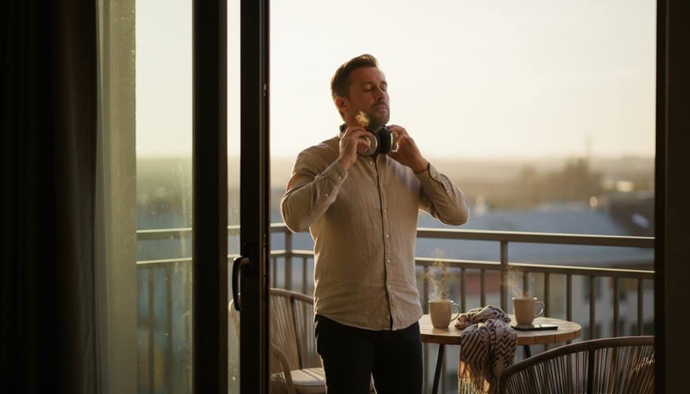 Man standing on balcony holding camera, enjoying sunset view with cityscape in the background. Perfect for capturing peaceful moments and outdoor photography.