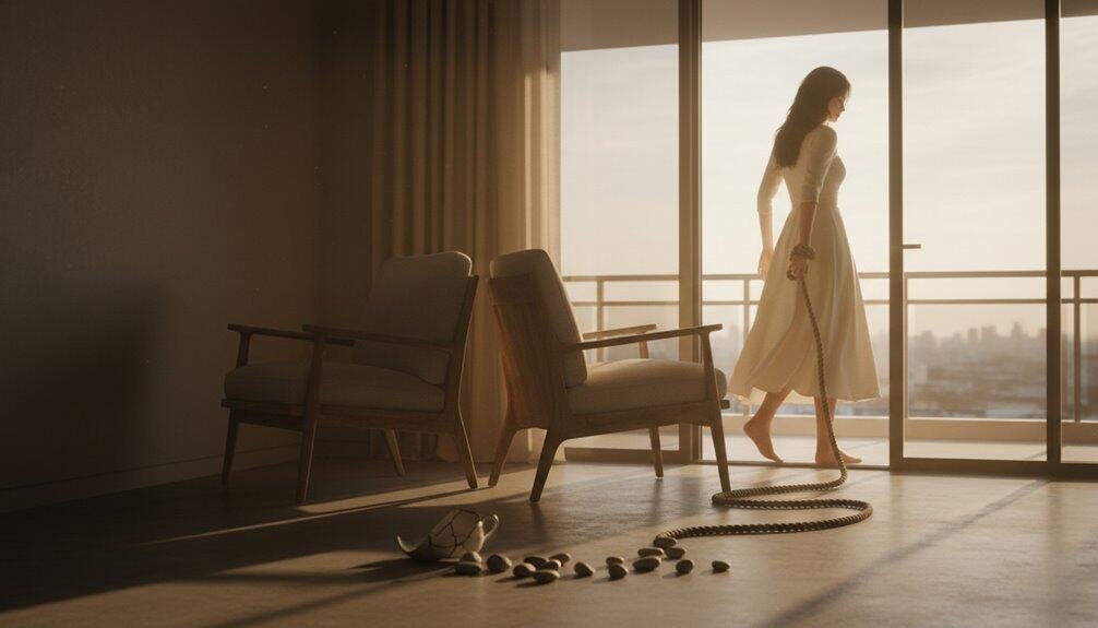Woman in a white dress walking by a large window with sunlight, modern interior, chairs, and decorative stones on the floor, creating a peaceful, contemplative atmosphere.