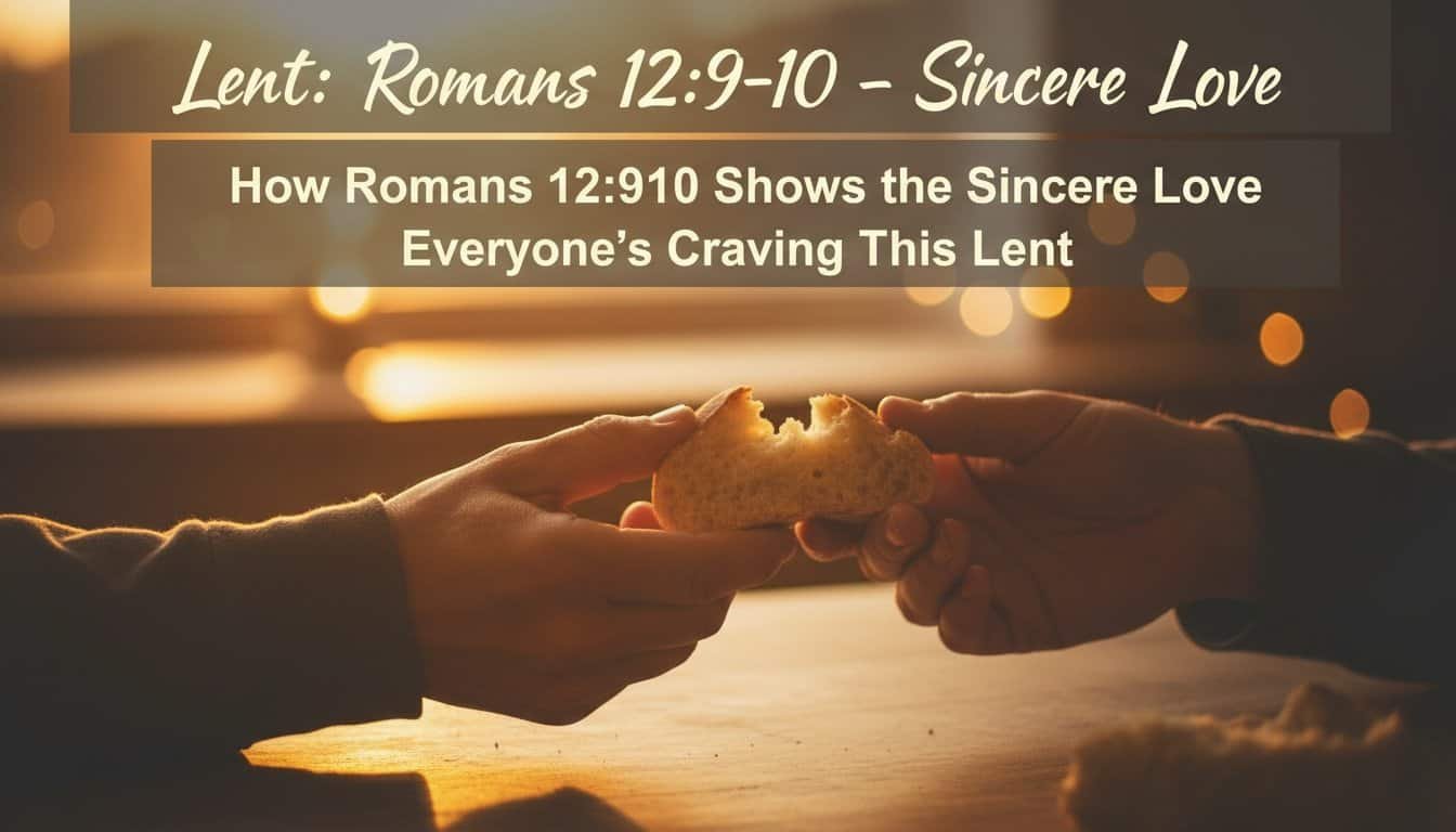 Two hands exchanging a piece of bread symbolizing love and sharing during Lent, inspired by Romans 12:9-10, emphasizing sincere love and community.