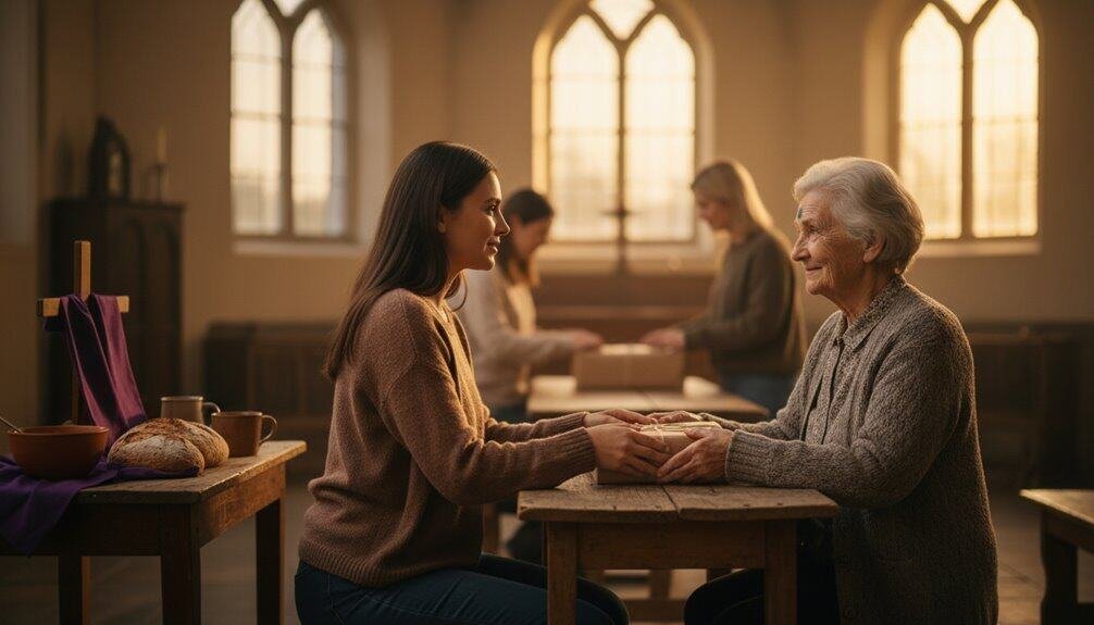 Elderly woman and young woman holding hands in prayer at church, symbolizing faith, community, and spiritual connection.