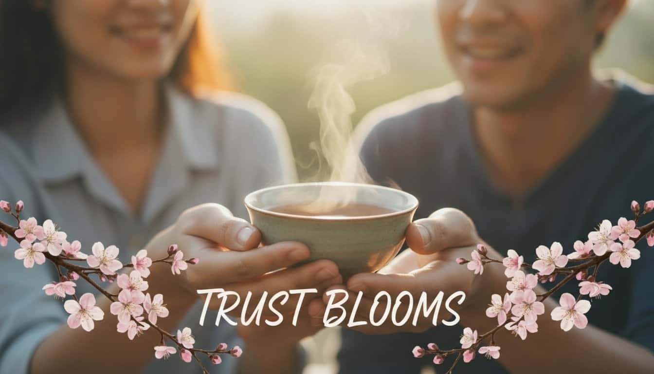 Two people sharing a warm cup of coffee outdoors, symbolizing trust and faith, with cherry blossom decorations and the words "Trust Blooms" overlayed.