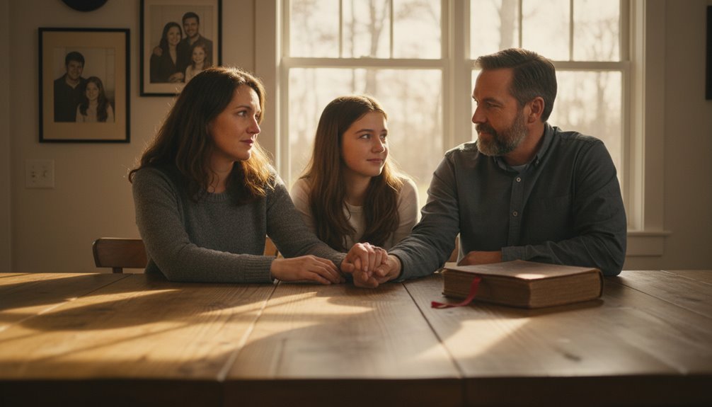 Uplifting Bible Verses When Family Life Gets Hard My Bible Song 2026 Family prayer session with parents and daughter, emphasizing faith, unity, and spiritual connection in a warm home setting.