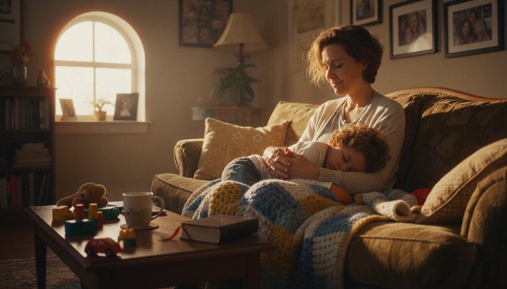 Uplifting Bible Verses When Family Life Gets Hard My Bible Song 2026 Mother comforting her child sitting on a cozy sofa in a warmly lit living room.